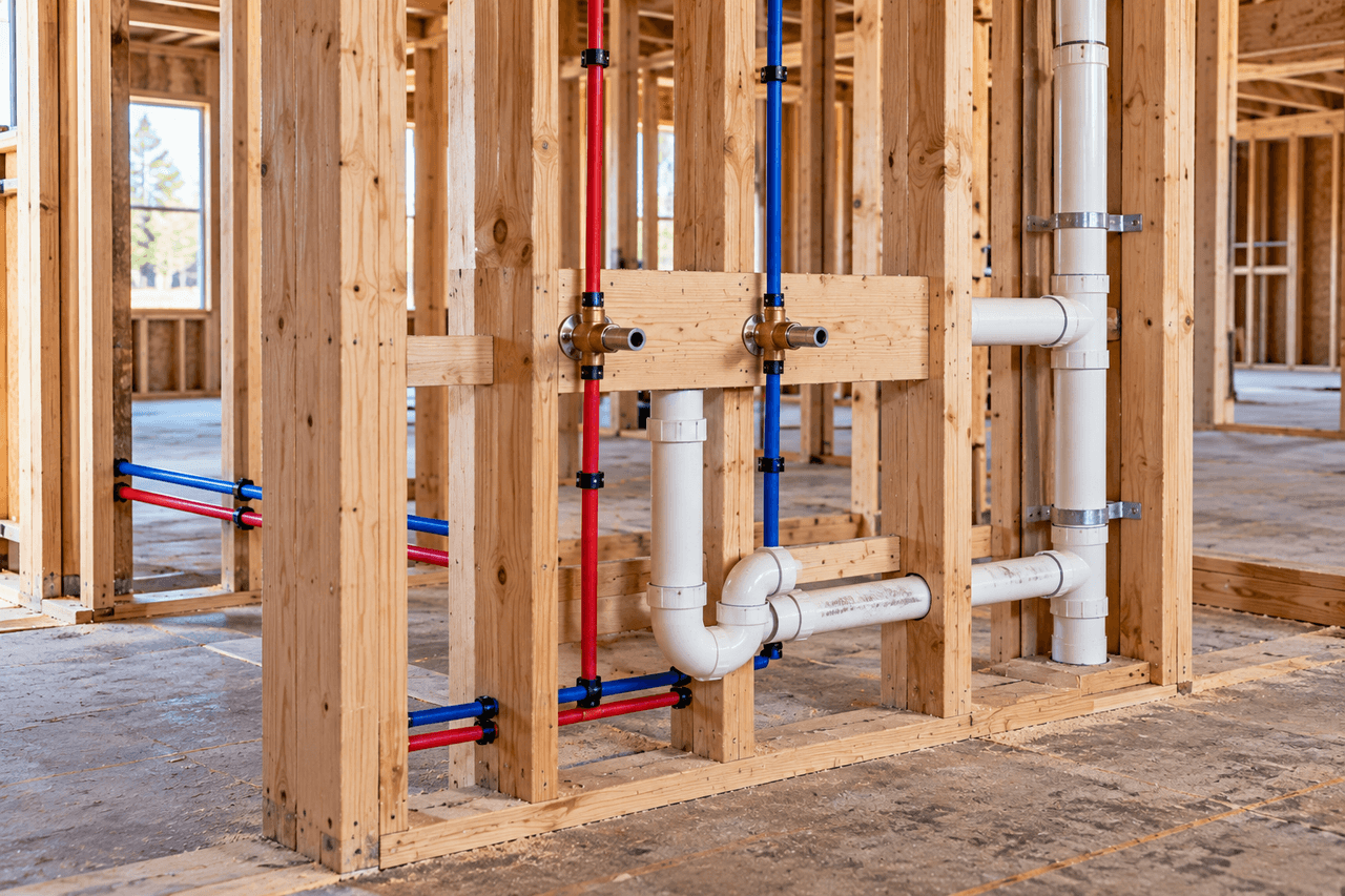 Illustrative image of plumbing rough-in inside a framed residential building.