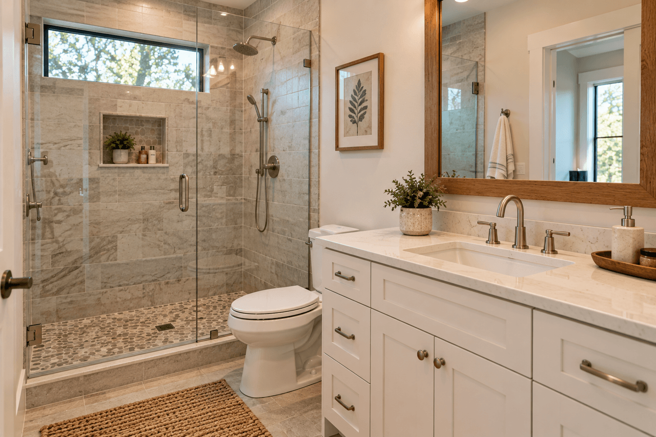 Illustrative image of a remodeled bathroom with a glass-enclosed tile shower, a white vanity with a quartz countertop, and a wood-framed mirror.