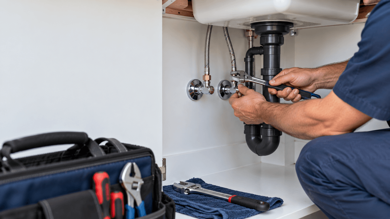 Illustrative image of a technician inspecting water supply connections beneath a sink.