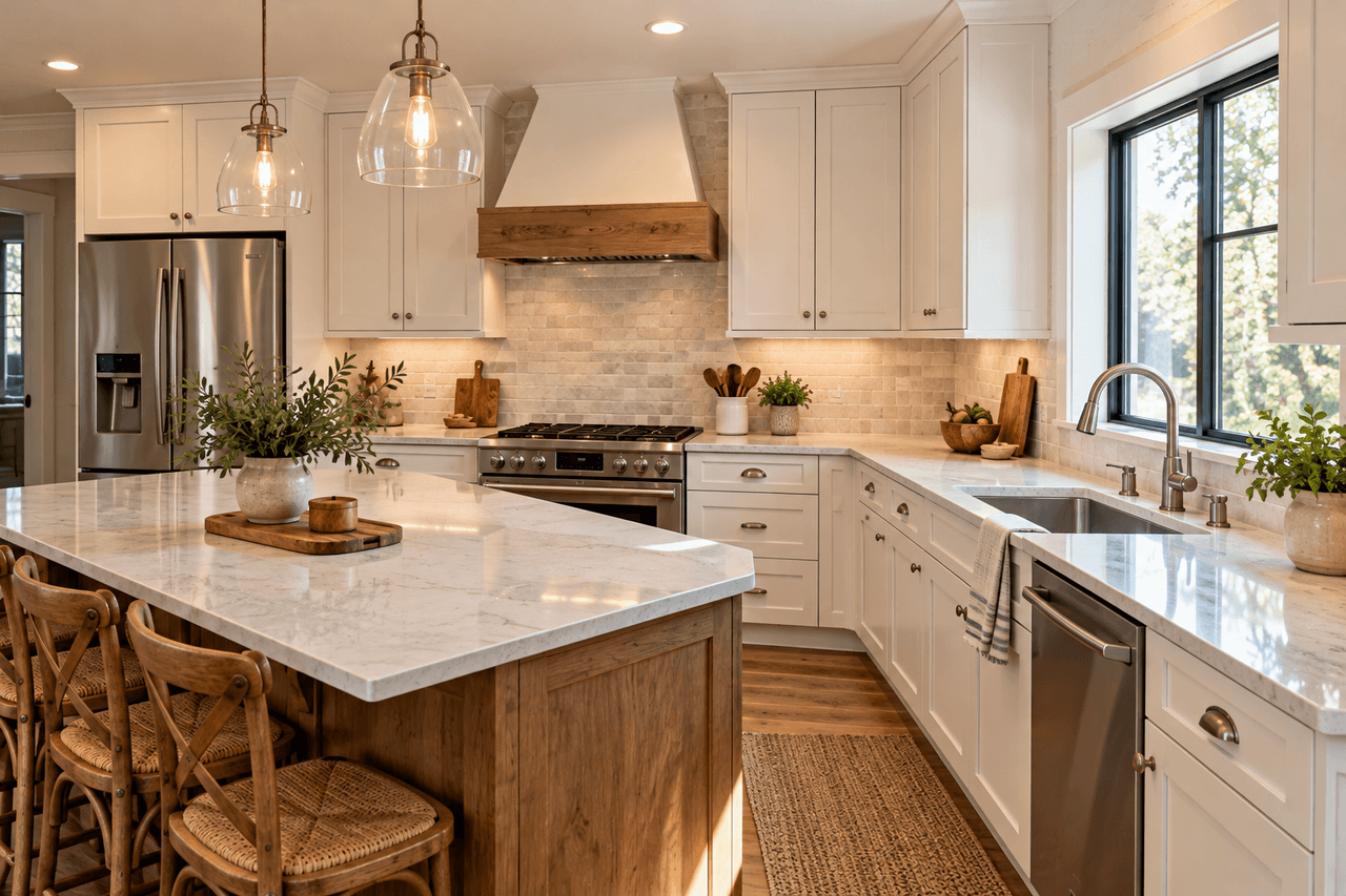 Illustrative image of a remodeled kitchen with white cabinets, quartz countertops, and a stainless-steel sink.